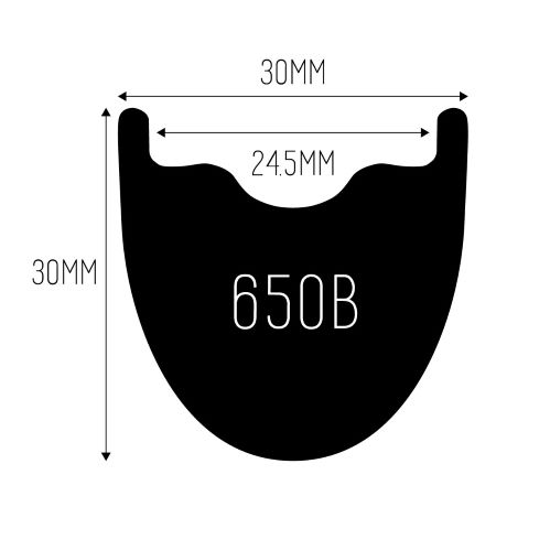 Illustration of a cross-section of a bicycle rim labeled '650B', with dimensions of 30mm width and height, and a 24.5mm inner width.