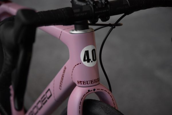 Porsche Pink Pig themed carbon gravel bike with bicycle frame tube names in German.