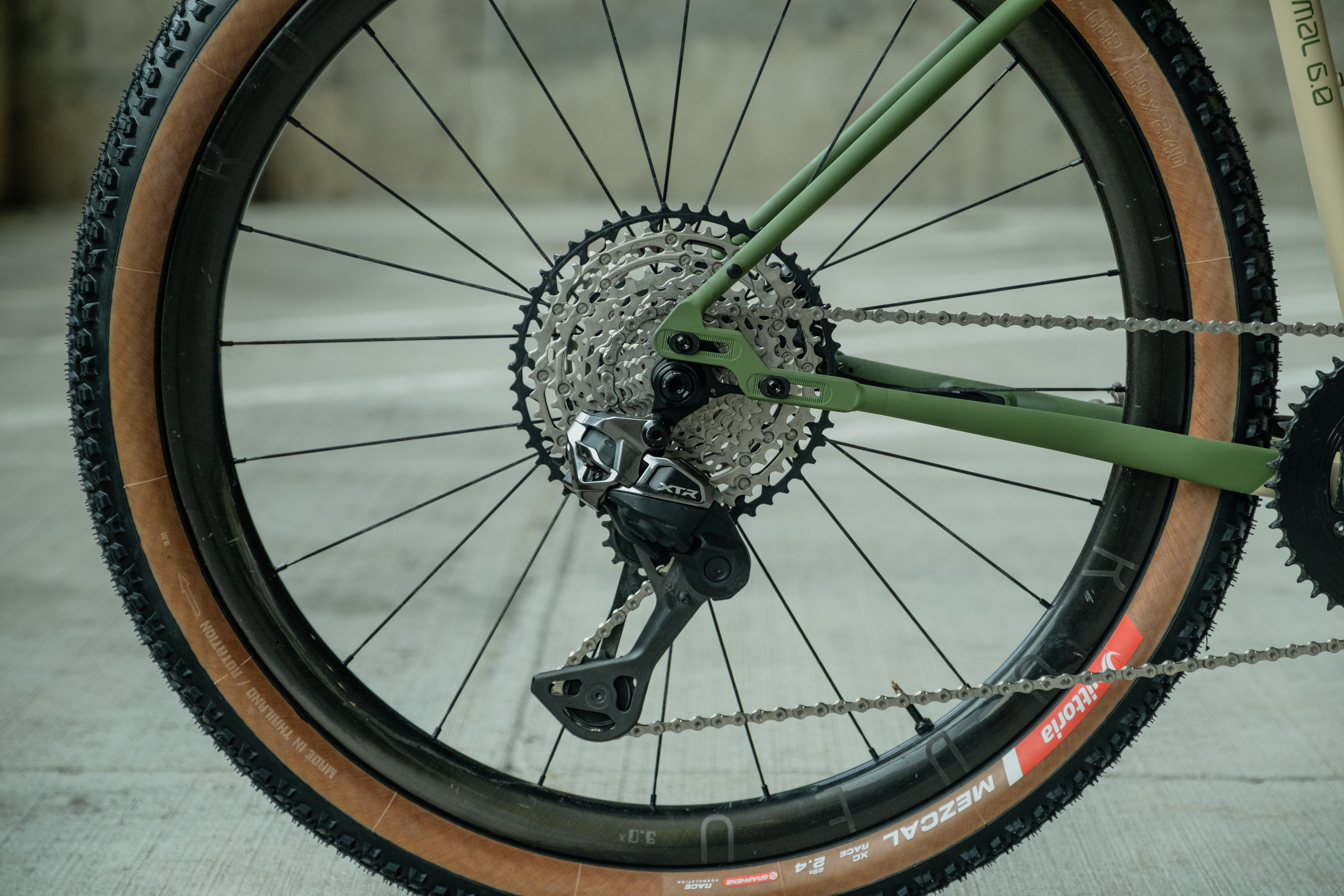 Close-up view of a bicycle's rear wheel featuring a green frame, a derailleur, and a cassette with silver and black gears.