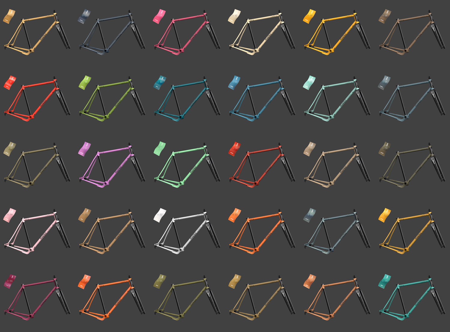A grid of various bicycle frames displayed in different colors, each with a corresponding color swatch and label.