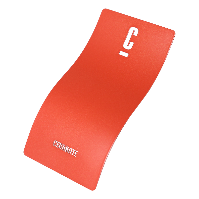 Close-up of a red, curved object featuring a white logo and text that reads 'CERAKOTE'.