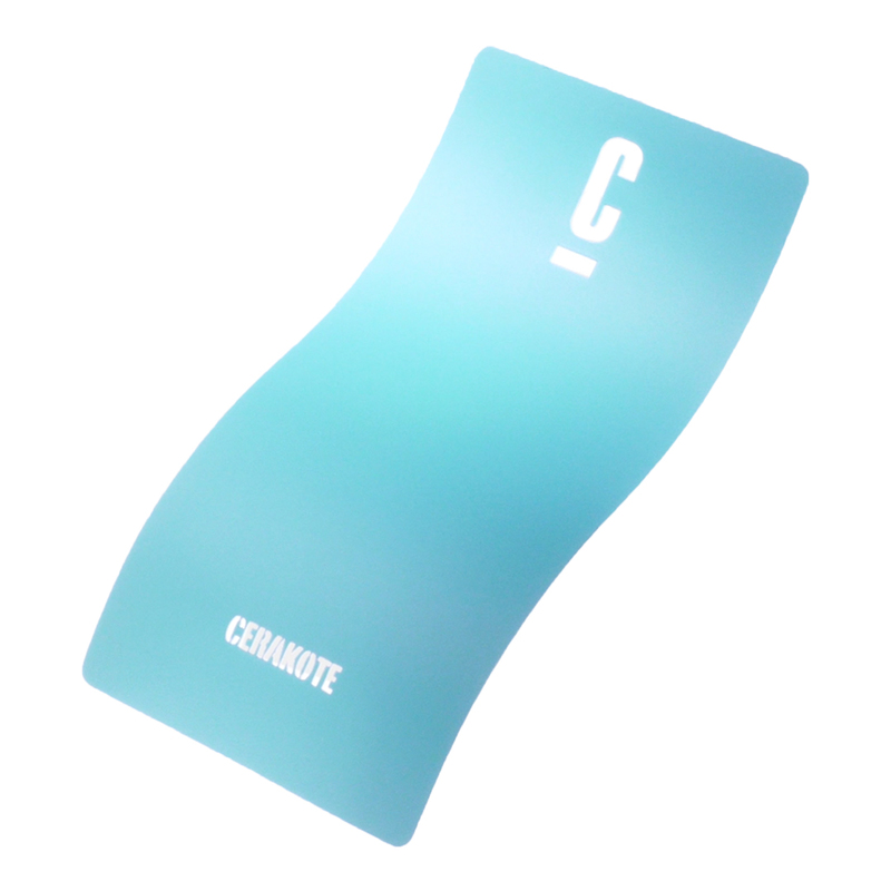 A curved, light blue ceramic coating sample with the text 'C' and 'CERAKOTE' printed in white.