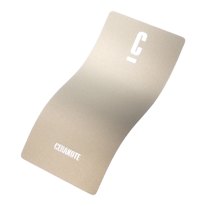 A curved, metallic gold sample card with the letter 'C' and the text 'CERAKOTE' printed on it.