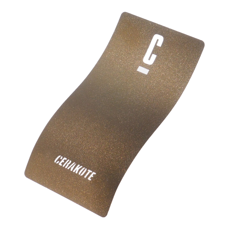 A curved Cerakote color sample card in a metallic bronze finish with the word 'CERAKOTE' printed in white.