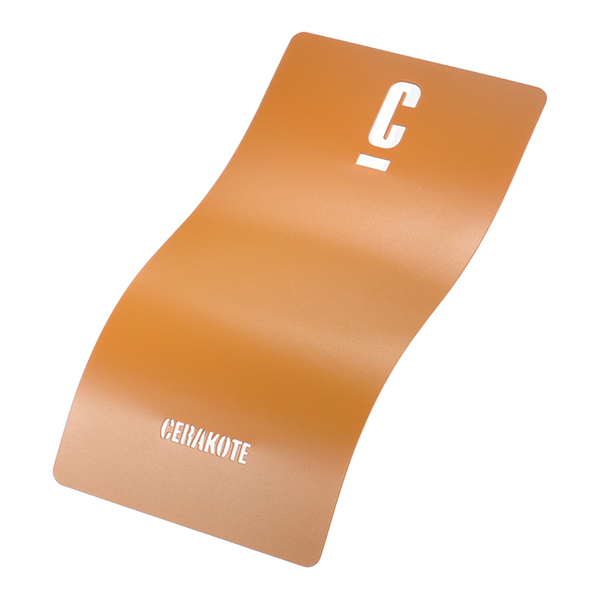 A curved orange metal sample card with embossed white lettering that reads 'CERAKOTE' and a letter 'C'.