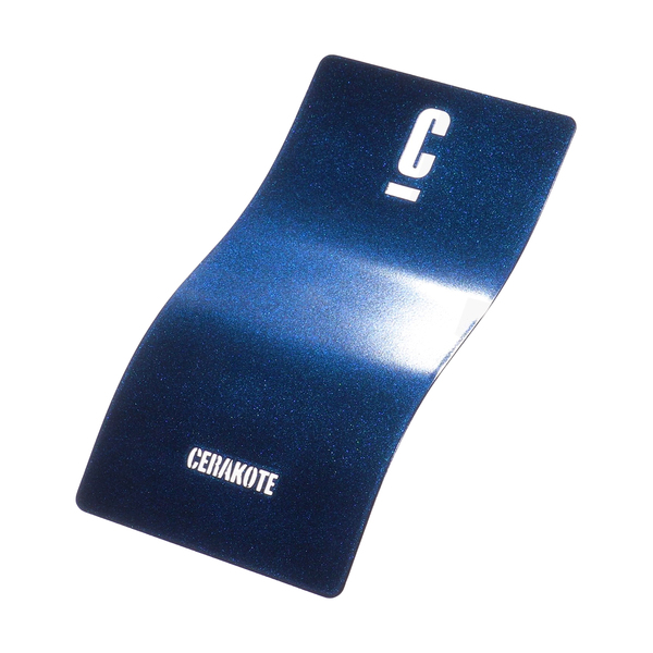 A curved piece of metal or plastic in a deep blue color with a shiny finish, displaying the letter 'C' and the word 'CERAKOTE' in white lettering.
