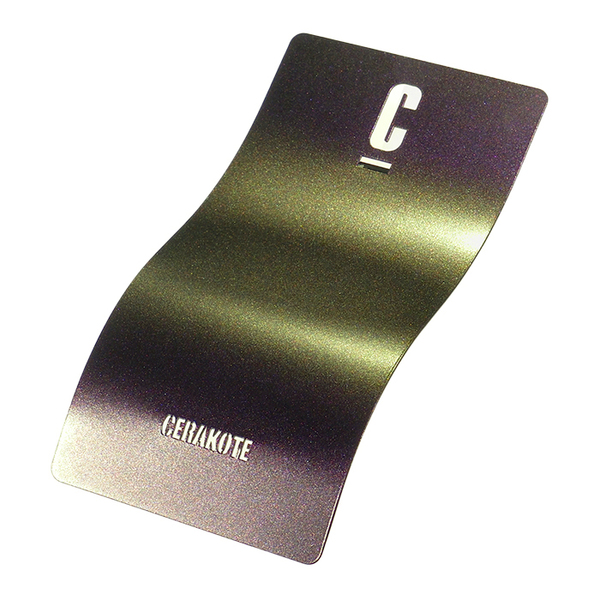 Cerakote color sample with the letter 'C' printed on it, showcasing an iridescent finish.