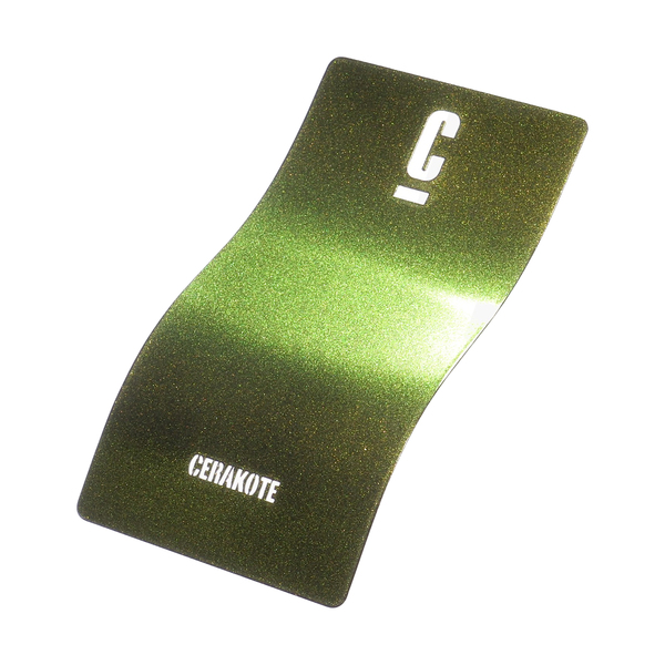 Curved green color swatch with a metallic finish, featuring the 'C' logo and the text 'CERAKOTE' at the bottom.