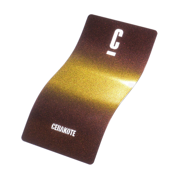 A curved color sample display featuring a vibrant gradient transition from gold to bronze, with the text 'CERAKOTE' at the bottom.