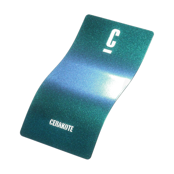 Color sample card featuring a metallic teal finish with a gradient effect, labeled with 'C' and 'CERAKOTE' text.