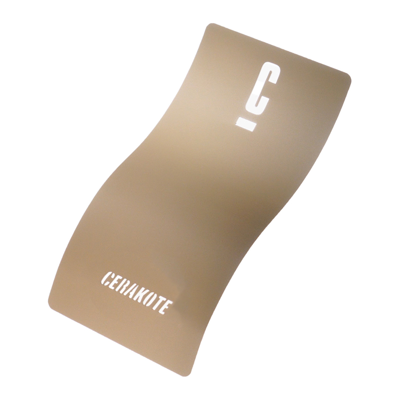 A curved, tan-colored Cerakote sample card with the Cerakote logo printed in white.