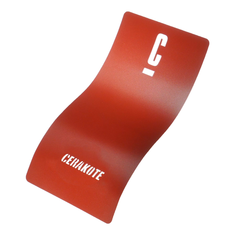 A vibrant red Cerakote sample swatch showcasing a smooth finish with white lettering.