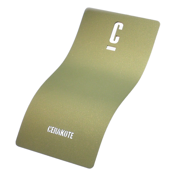A curved Cerakote color sample card in a metallic green finish, displaying the letters 'C' and 'CERAKOTE' in white.