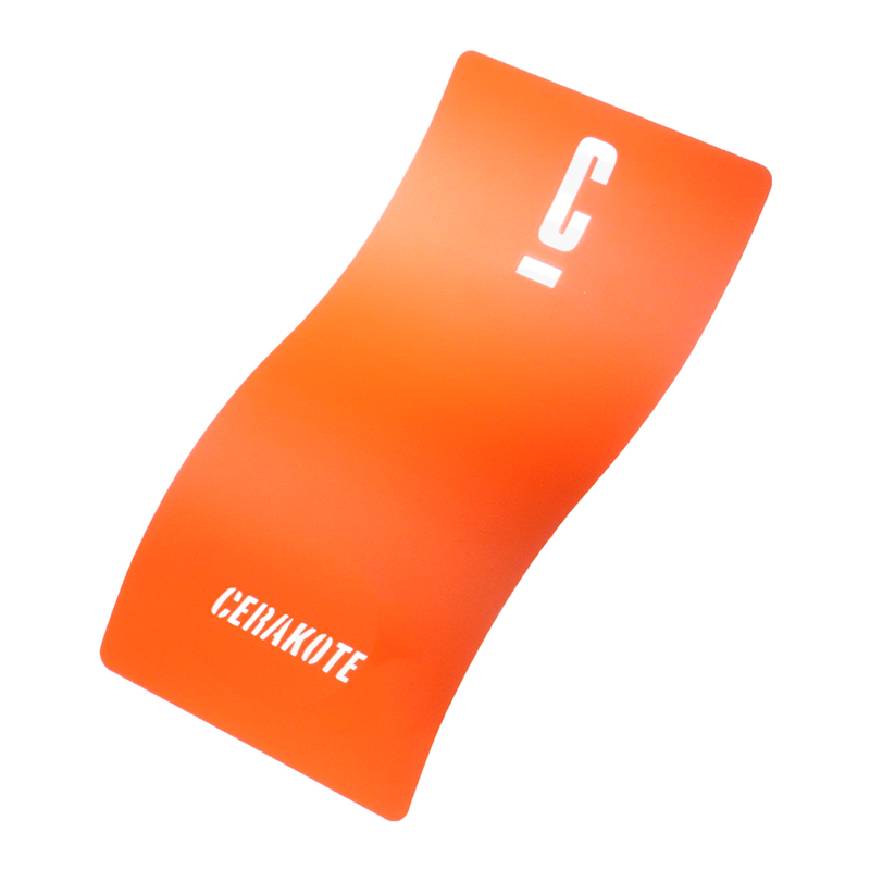 Curved orange Cerakote item with a logo printed in white.
