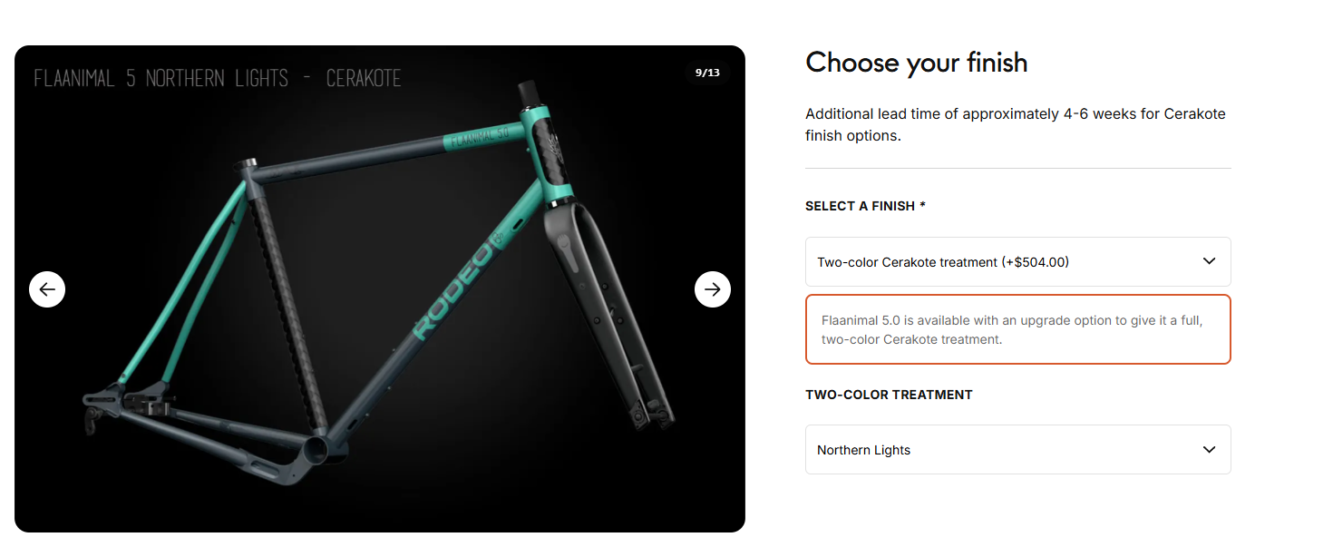 Image of the Rodeo Flanimal 5 bike frame in Northern Lights color with Cerakote treatment options displayed.