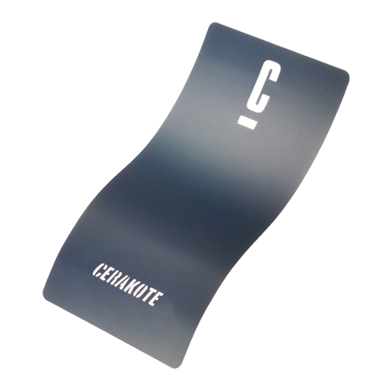 A curved Cerakote color sample card showcasing a gradient from dark to light gray with the Cerakote logo and a stylized 'C' on the surface.
