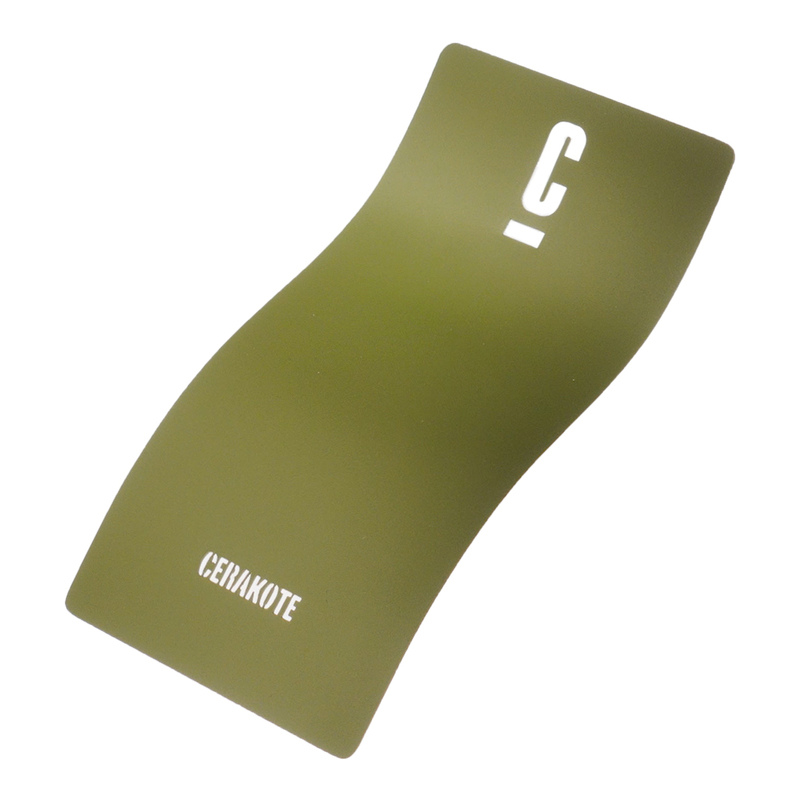 A green Cerakote swatch with a smooth finish, featuring a white letter 'C' design.