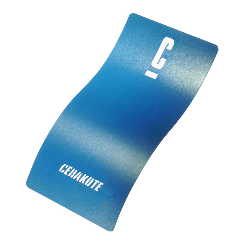 A curved blue sample card with a smooth finish and the word 'CERAKOTE' printed in white.