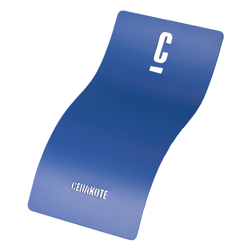 A blue Cerakote sample card showcasing the brand logo and a letter 'C' design.