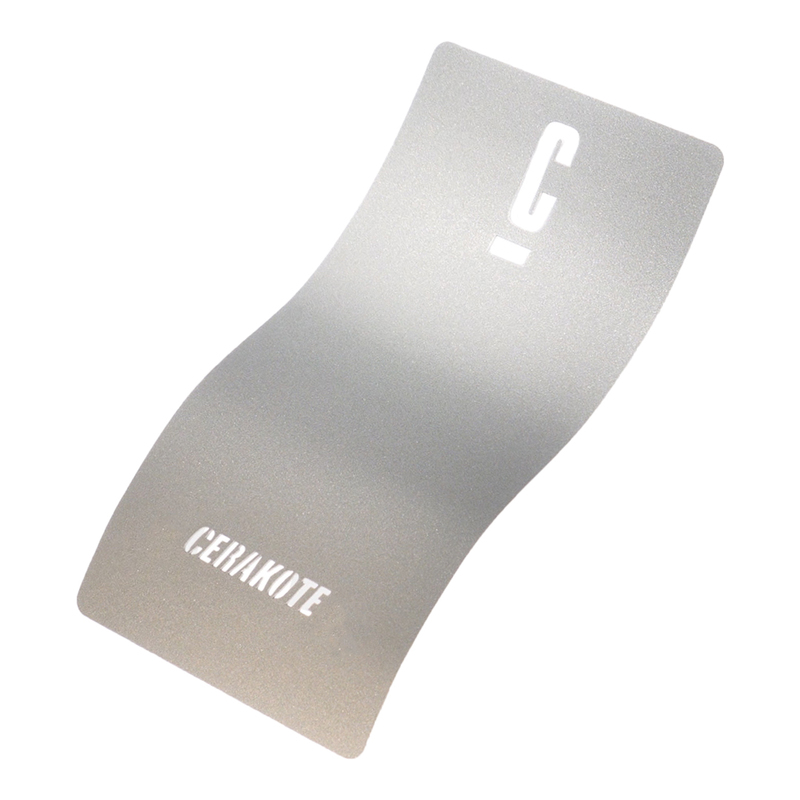 A curved, metallic gray sample card with the word 'CERAKOTE' printed in white at the bottom.