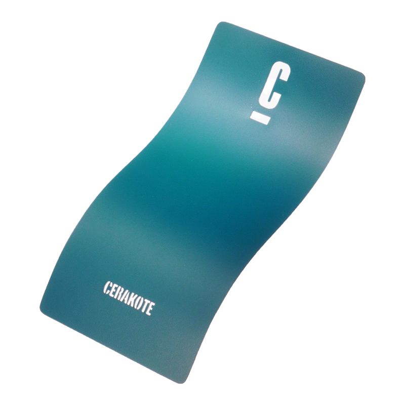 A curved Cerakote sample card featuring a gradient of teal colors with a white 'C' logo and the word 'CERAKOTE' at the bottom.