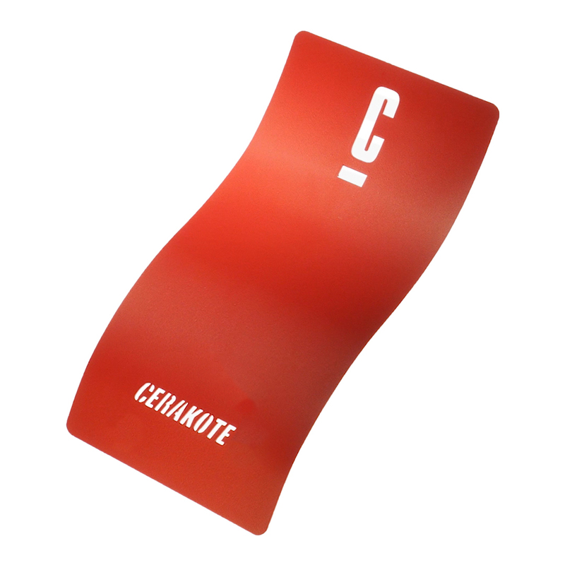Red curved Cerakote promotional item with white lettering.