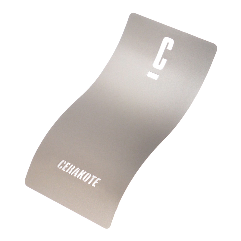 A metallic gray Cerakote sample card with a curved shape, featuring the letter 'C' cut out at the top and 'CERAKOTE' embossed at the bottom.