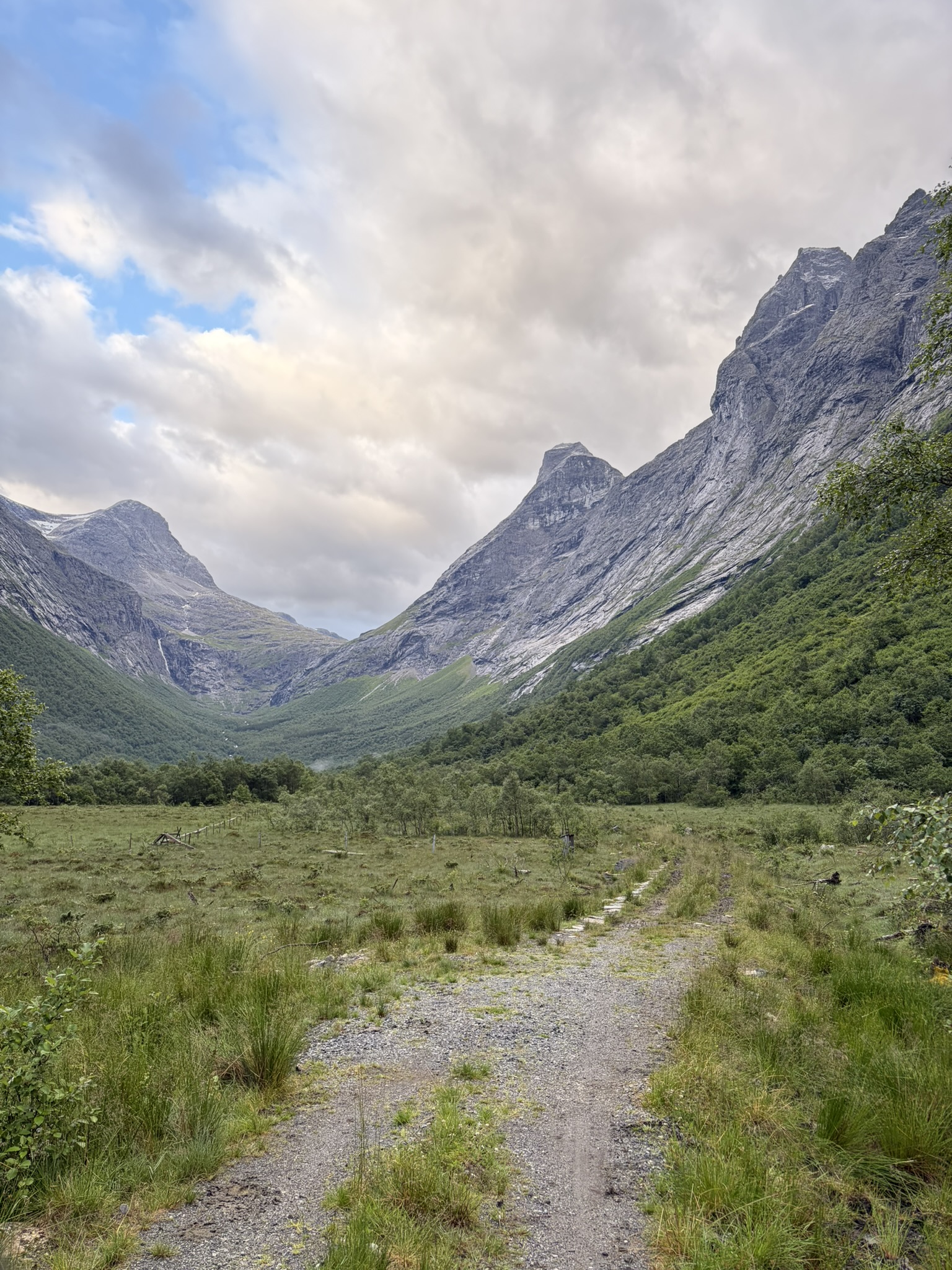 A scenic view of a mountainous landscape, featuring steep, rocky peaks and a lush green valley, with a gravel path running through the foreground under a cloudy sky.